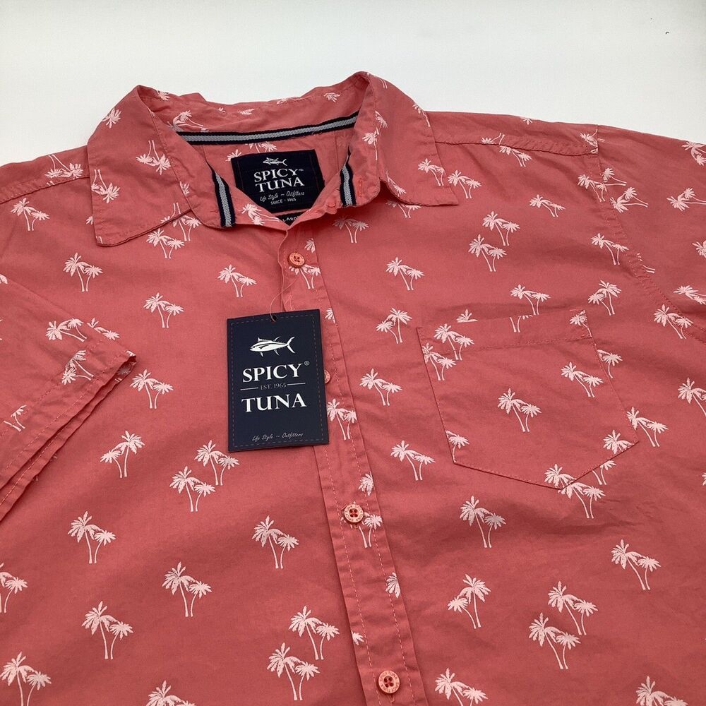 Spicy Tuna Mens Short‎ Sleeve Button Up Shirt Palm Tree Pattern Size XL NWT